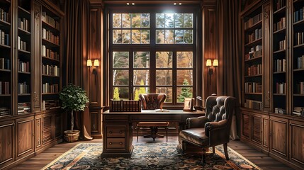 Canvas Print - An elegant library office featuring built-in bookshelves, a reading nook with a cozy armchair, a wooden desk with a classic lamp, vintage decor, and soft ambient lighting,