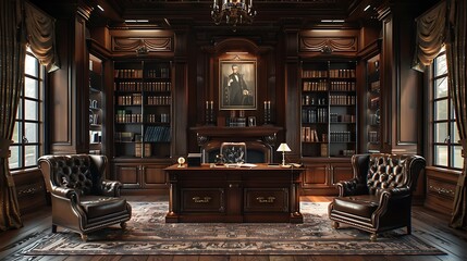 Canvas Print - An elegant traditional office featuring dark wood furniture, leather armchairs, and classic decor, with a large mahogany desk, antique bookshelves, and rich, warm lighting creating a timeless,