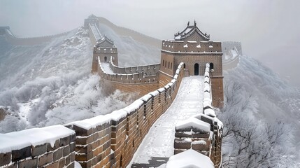 Wall Mural - The Great Wall of China during a winter snowfall, with snow-covered stones and frosted trees creating a serene