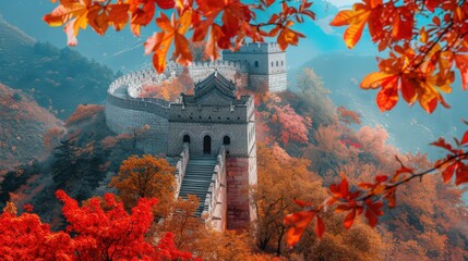 Wall Mural - The Great Wall of China during autumn, with vibrant fall foliage surrounding its stone battlements and watchtowers,