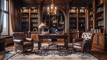 Wall Mural - An elegant traditional office featuring dark wood furniture, leather armchairs, and classic decor, with a large mahogany desk, antique bookshelves, and rich, warm lighting creating a timeless,