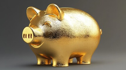 A golden piggy bank stands on a grey background, ready to save your money.