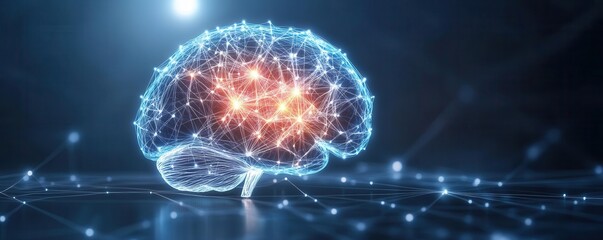 Abstract representation of stroke symptoms with a brain and neuron network, visualizing therapy through healing light stroke therapy, neurological recovery