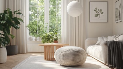 Wall Mural - Elegant living room featuring a cozy pouf, a coffee table, a houseplant, and a white pendant light. 