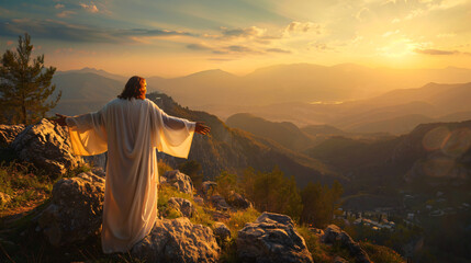 Wall Mural - Man in a white robe stands with outstretched arms on a mountain top at sunset