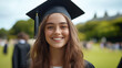 ©  VisionaryFrames - Happy smiling graduating student girl in an academic gown standing in front of college