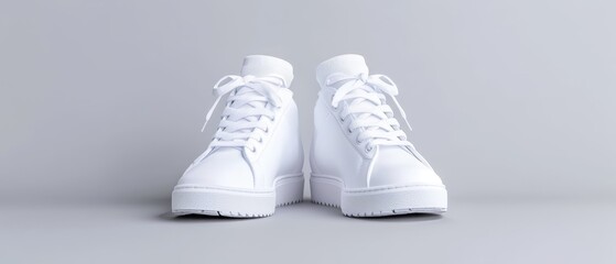  A pair of white sneakers sits atop a gray surface The laces, white and taut, adorn the shoe tops