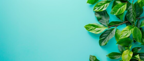  A green-leafed tree branch against a blue backdrop