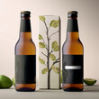 © DrCreative - Two craft cider bottles with minimalistic labels displayed beside a stylish box featuring a tree design surrounded by green apples