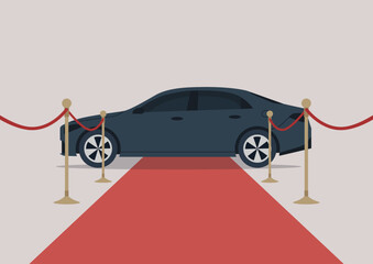 A chic car stands poised on a long red carpet, ready for its moment in the spotlight at a prestigious event