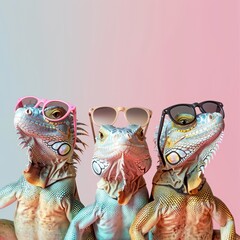  Two lizards donning sunglasses atop a pink-blue texture..Background: Pink wall