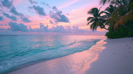 Canvas Print - A beautiful beach with a pink and blue sky