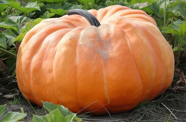 Giant ripe pumpkin growing in a pumpkin patch