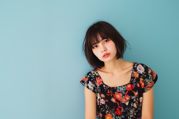 Young Woman in a Vibrant Floral Blouse, Soft Blue Background. Generative AI.