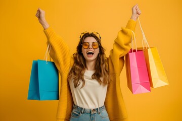 Full length photo of sweet lucky woman wear polo shirt rising fist holding bargains isolated yellow color background