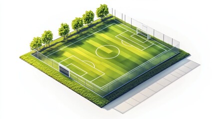 Wall Mural - An illustration of a miniature soccer field with surrounding fencing and trees, depicted in a bright, stylized manner on a white background.