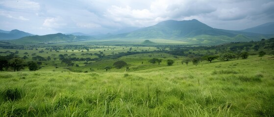 Canvas Print -  A lush, green field lies before mountains in the backdrop Clouds scatter across the sky above the valley Trees populate the foreground