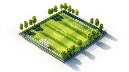 Wall Mural - Isometric view of a pristine soccer field surrounded by a fence and trees under bright sunlight, suggesting a calm, recreational or competitive sports setting.