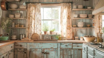 Wall Mural - a old vintage kitchen in a house with a window in the front