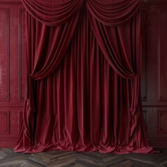  A red curtain hangs in an empty room with a chevron-patterned wooden floor and a red wall