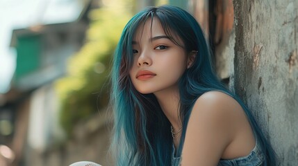 Wall Mural - Young woman with blue hair, looking at the camera, standing near a textured wall.