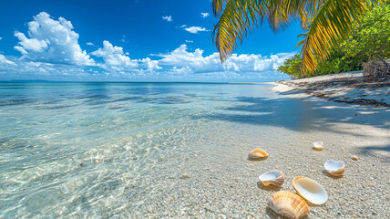 Wall Mural - A beautiful tropical beach with crystal-clear water, a few scattered seashells, and a coconut tree swaying in the breeze under a bright blue sky