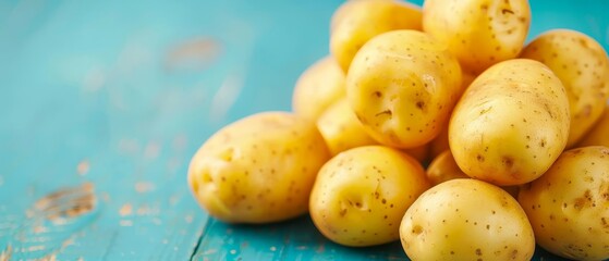  Two piles of yellow potatoes atop separate blue wooden tables