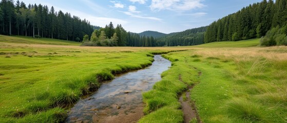 Canvas Print -  A stream winds through a verdant meadow adjacent to a dense forest teeming with tall pine trees