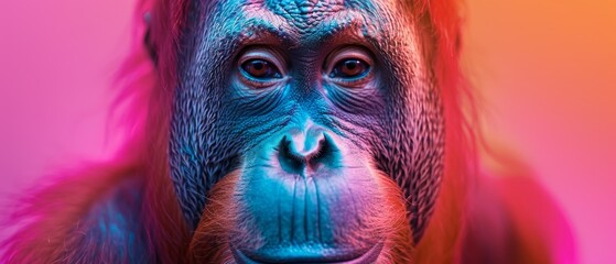 Wall Mural -  A tight shot of a monkey's face with pink and blue lights casting reflections