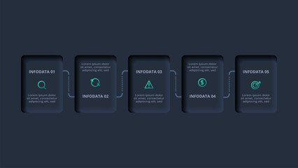 Neumorphic flowchart dark iinfographic. Creative concept for infographic with 5 steps, options, parts or processes.