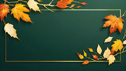 Wall Mural - Fall leaves season banner, Golden autumn leaves frame with intricate maple foliage on green background