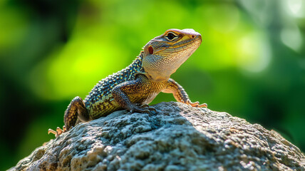 A close-up of a lizard basking on a sunlit rock, capturing the detailed texture of its scales and the vibrant green surroundings