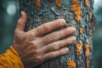 closeup of human hand gently touching tree bark intimate connection between man and nature symbolizing environmental stewardship and conservation