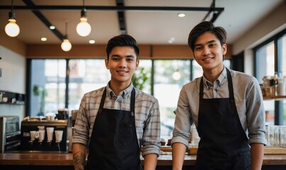 Two young baristas working in coffee shop, standing by counter. University students working part-time in cafe