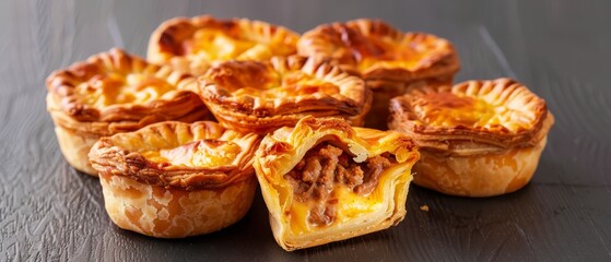  A wooden table holds two piles of pies