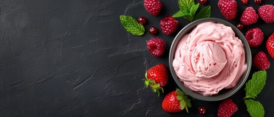 Wall Mural -  From above, a bowl of raspberry ice cream is encircled by fresh raspberries on a black stone table