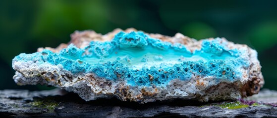 Wall Mural -  A tight shot of a rock displaying a blue patch atop, and a green coating on its opposite side