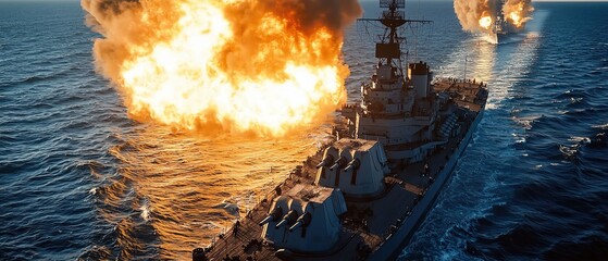 Battleship firing a broadside during a naval engagement, with flames and smoke billowing from its guns as it targets an enemy warship