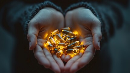 Handful of Golden Omega 3 Capsules.