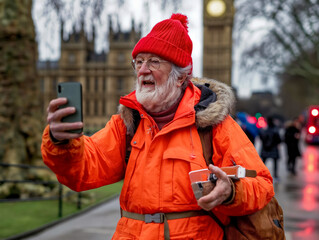 Canvas Print - A man in an orange coat is taking a selfie with his cell phone. He is smiling and he is enjoying himself