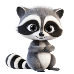 3d cartoon character of a cute raccoon with a striped tail, isolated on transparent background.