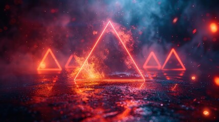 Wall Mural - Neon triangles with fire and smoke in a dark background.