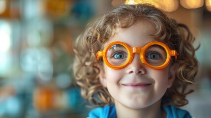 A young child with curly hair and large orange glasses smiles at the camera.