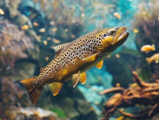 Wall Mural - A speckled fish with yellow and brown scales swims in a tank, capturing the essence of aquarium life.