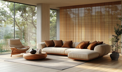 Elegant living room, featuring soft beige walls and furniture with texture accents