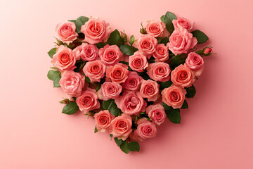 Wall Mural - Pink Roses Heart Shape on Pink Background.