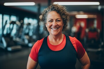 Smiling portrait of a slightly overweight middle aged woman in gym