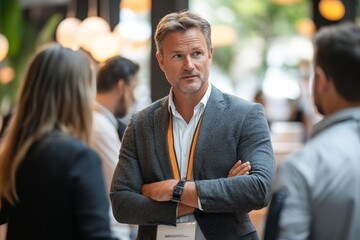 Professional colleagues engaging in a discussion at a business expo event, Generative AI