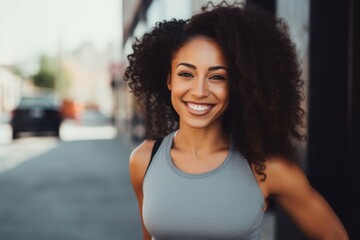 Wall Mural - Portrait of a young female African American fitness trainer in gym