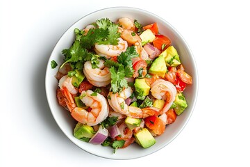 Wall Mural - Shrimp ceviche with avocado and cilantro isolated on a white, top view